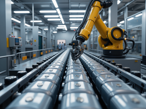 现代化工厂内部场景，自动化生产线，工人操作设备